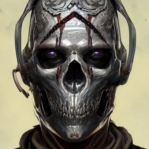 Prompt: a silver skull face african necromancer, Apex Legends character digital illustration portrait design, by android jones, detailed, cinematic lighting, wide angle action dynamic portrait