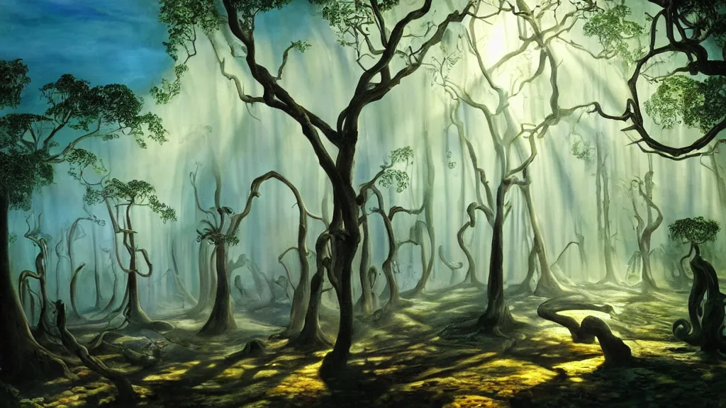 Image similar to A Salvador Dali oil painting of a hauntingly beautiful elven forest in the morning; rays of light coming through the canopy; trending on artstation; extraordinary masterpiece!!!!!!; 8k