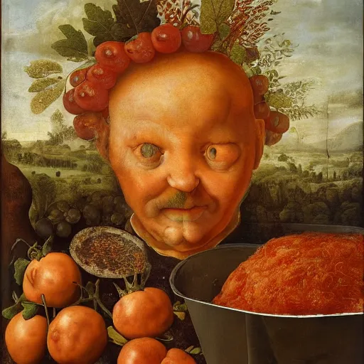 Image similar to a boy sitting in a tub full of tomato sauce, a big meatball lurking in the background, by giuseppe arcimboldo, renaissance, portrait, fruit, detailed oil paint, high definition