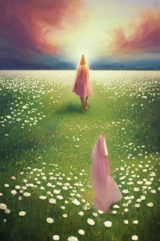 Image similar to giant white daisy flower head, girl with veil walking in a flower field, surreal photography, sunrise, dramatic light, impressionist painting, colorful clouds, digital painting, artstation, simon stalenhag