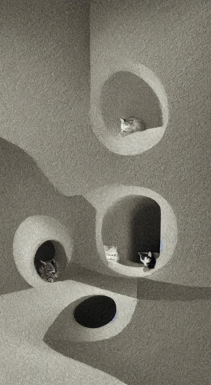 Prompt: a cat enters an almond shaped tunnel and exits b , cat tower , Barbican centre, architectural section, isometric
