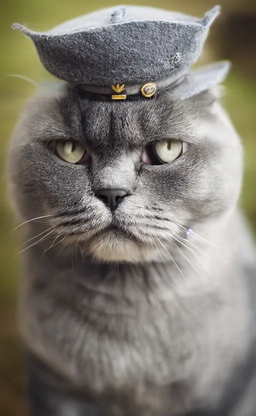 Image similar to portrait photo of scottish fold cat wearing a military hat, pure grey fur, highly detailed, high resolution, cosplay photo, stunning, bokeh soft, trending on instagram, by professional photographer, soldier clothing, military uniform, shot with a canon