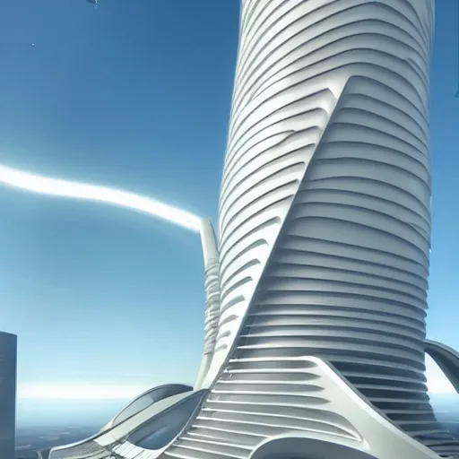 Image similar to futuristic tower by zaha hadid and renzo piano and syd mead and buckminster fuller, artstation, unreal game engine, contemporary architecture, photo journalism, photography, cinematic, national geographic photoshoot