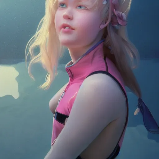 Prompt: a photorealistic dramatic fantasy render of a young girl with blonde hair and blue eyes, in pink wet suit, by wlop, artgerm, greg rutkowski, alphonse mucha, beautiful dynamic dramatic dark moody lighting, shadows, cinematic atmosphere, artstation, concept design art, octane render, 8 k