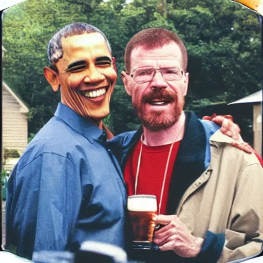 Prompt: Obama and Walter White sharing a beer at the family bbq, Polaroid image