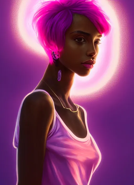 Image similar to portrait of teenage vanessa morgan with bright pink hair, black girl, curly pixie cut hair, wearing a purple breton cap, breton cap, hoop earrings, intricate, elegant, glowing lights, highly detailed, digital painting, artstation, concept art, smooth, sharp focus, illustration, art by wlop, mars ravelo and greg rutkowski