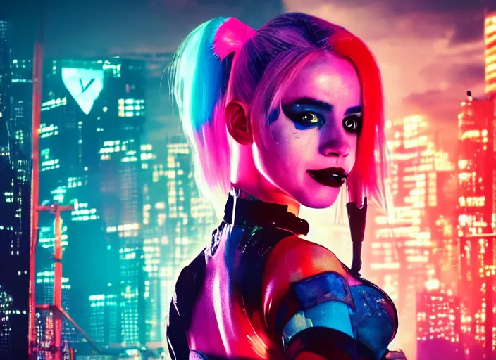 Prompt: film still of harley quinn, head and shoulder shot, cyberpunk city, beautiful cityscape background, neon signs, vibrant colors, wallpaper, top rated on artstation, 4k