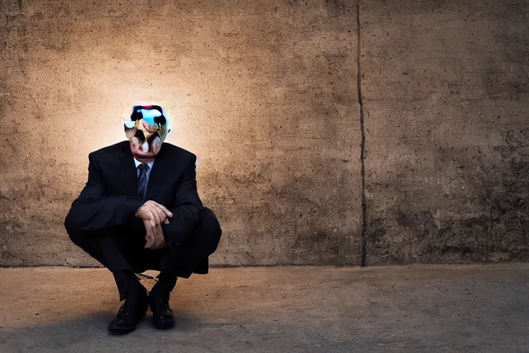 Image similar to a medium low angle shot of Vladimir putin sitting in squat position, looking at the camera, lit from below, editorial fashion photography, 8k, black background