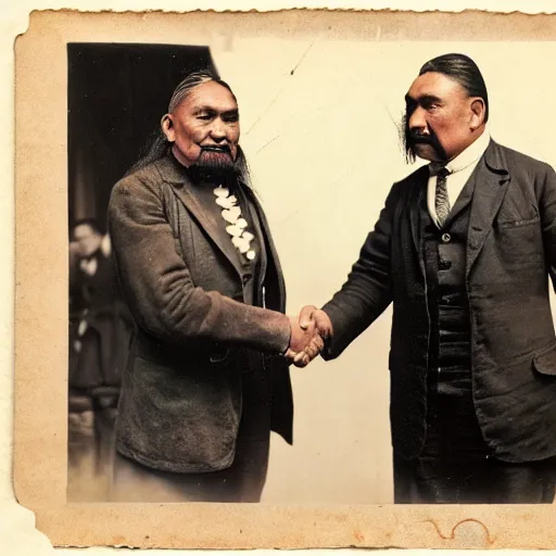 Image similar to a tattooed maori dignitary shakes hands with a 2 0 th century english industrialist, colorized 1 9 0 4 photo, kodak camera, historical event, credit the national archives of the united kingdom