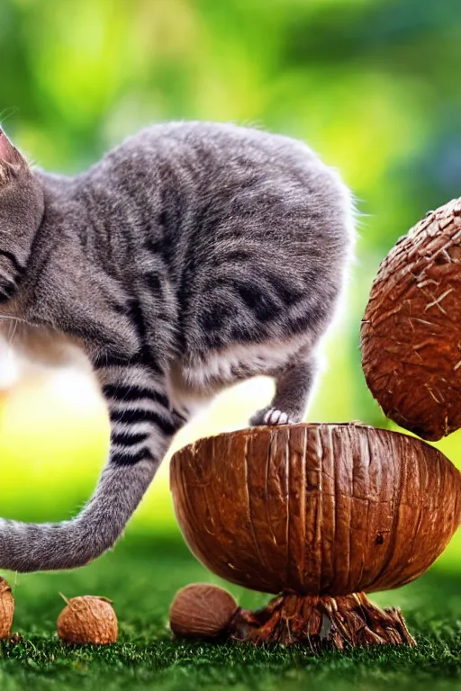 Prompt: the tiniest cat playing in the world toying with a big round acorn, award winning picture, pixar, 4 k, high detail