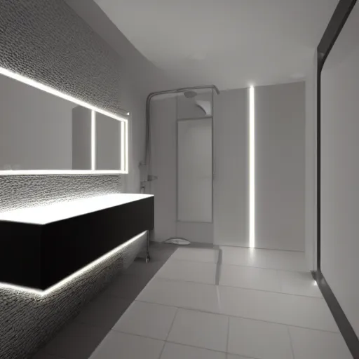 Image similar to bathroom with warm white led strip lighting, photorealistic, product render