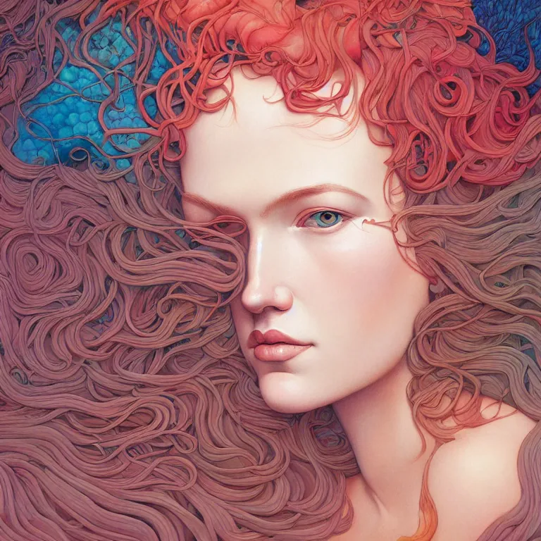 Image similar to woman with coral reef hair portrait soft light painted by james jean and moebius and erik jones, inspired by mary jane ansell, smooth face feature, intricate oil painting, high detail illustration, sharp high detail