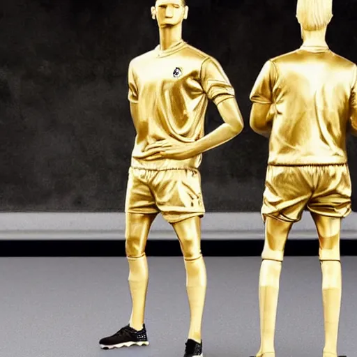 Image similar to a realistic detailed photo of a guy who is an attractive humanoid who is half robot and half humanoid, who is a male android, soccer players martin ødegaard & timo werner, shiny skin, posing like a statue, blank stare, in a factory, on display, showing off his muscles, gold soccer shorts, side view, repairing the other one