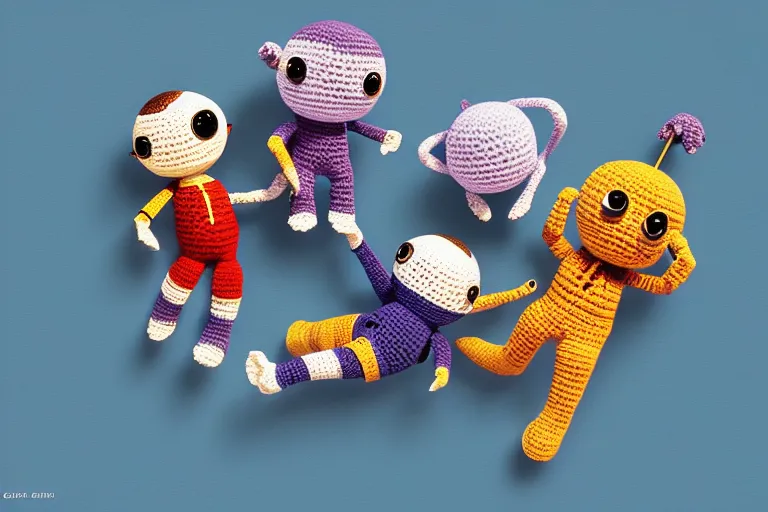 Prompt: a group of three crochet cute astronauts climbing a yarn wall. cute, illustration, digital art, inspired by little big planet, by greg rutkowski, detailed, sharp, masterpiece, highly detailed, photorealistic, octane render, 8 k, unreal engine 5, trending on artstation, vivid colors