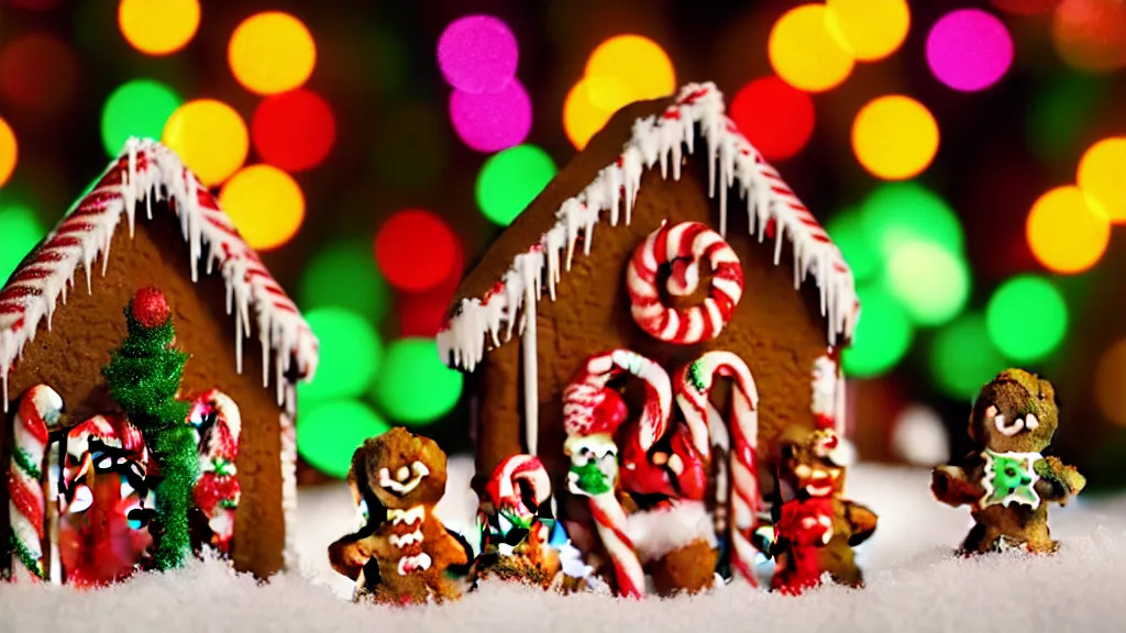 Image similar to closeup of colorful miniature gingerbread house at night, gingerbread people!!!!!!, candy canes, forest, christmas, snow, claymation, bokeh, depth of field 1 0 0 mm, cinematic scene, studio quality, visually stunning, unreal engine, octane render