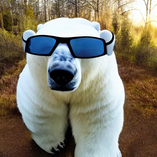 Prompt: Giant Polar bear wearing sunglasses and earmuffs, ultra realistic 8k photo, award winning, nature photography