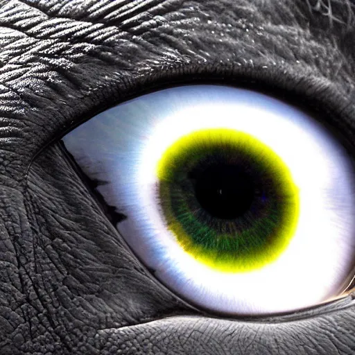 Image similar to ultra detailed photo, close up of elephant eye reflecting the camera