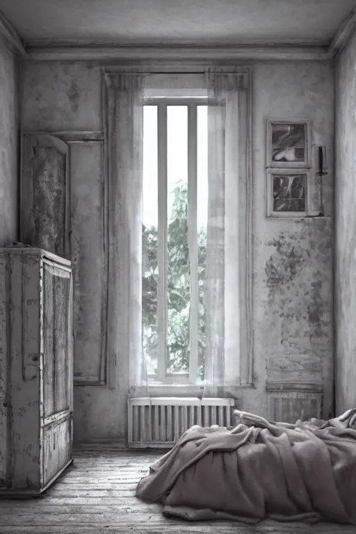 Prompt: matte sharp photo realistic shabby chic room with windows, artstation behance