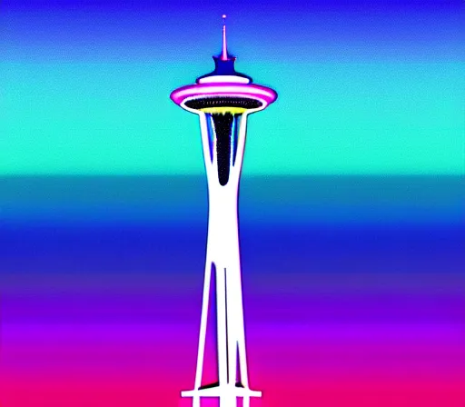 Image similar to a beautiful and immaculate balanced vaporwave ombre scene depicting outrun style seattle and the space needle