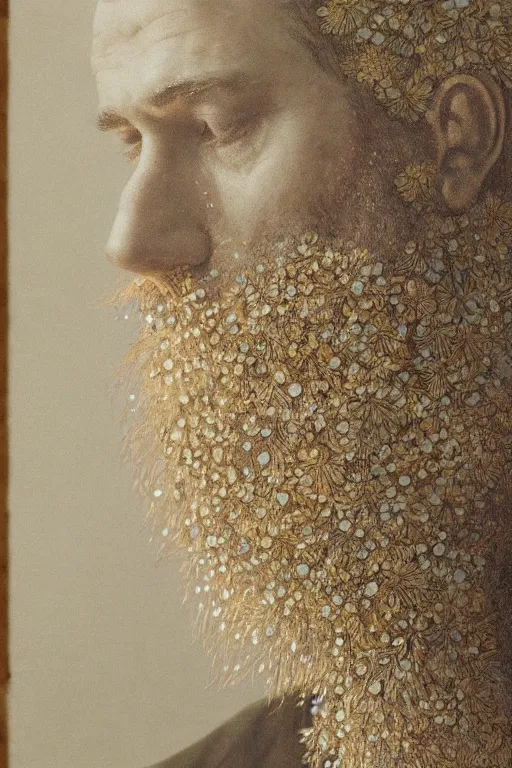 Prompt: a man's face in profile, with a long beard, made of flowers and fruit and glistening water droplets, in the style of the Dutch masters and Gregory crewdson, dark and moody