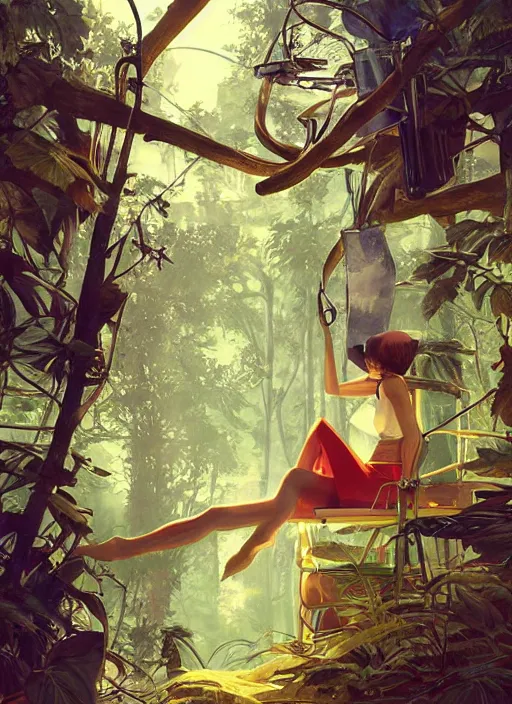 Image similar to gorgeous soviet girl scientist making research at futuristic soviet scientific lab in amazonian jungle tree tops communist agitprop by ross tran, thierry doizon, craig mullins, ilya kuvshinov, artgerm, edward hopper, dan mumford, wlop, rutkovsky, carl spitzweg, moebius, unreal engine 5, lumen, nanite