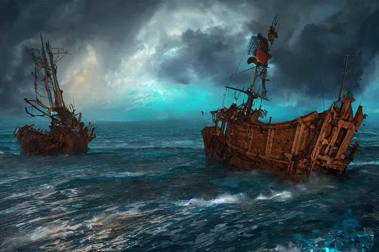 Image similar to a wrecked pirate ship on the reef, storm, lightnings, dark atmosphere, by John Howe, 4K, unreal engine 5, teal and dark blue color scheme