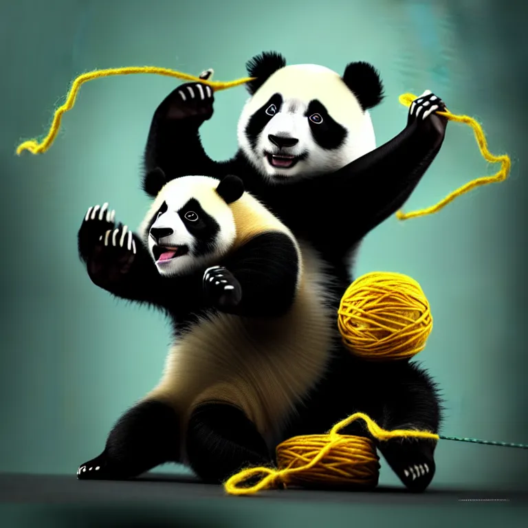 Prompt: a panda playing with a ball of yarn, best on artstation, cgsociety, epic, stunning, gorgeous, much wow, cinematic, masterpiece