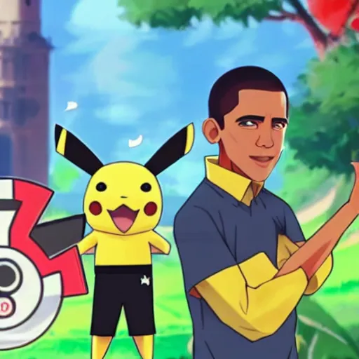 Prompt: key art of barack obama depicted as a pokemon trainer in pokemon sword and shield, he is commanding a pikachu to do battle, clean anime art, trending on twitter.