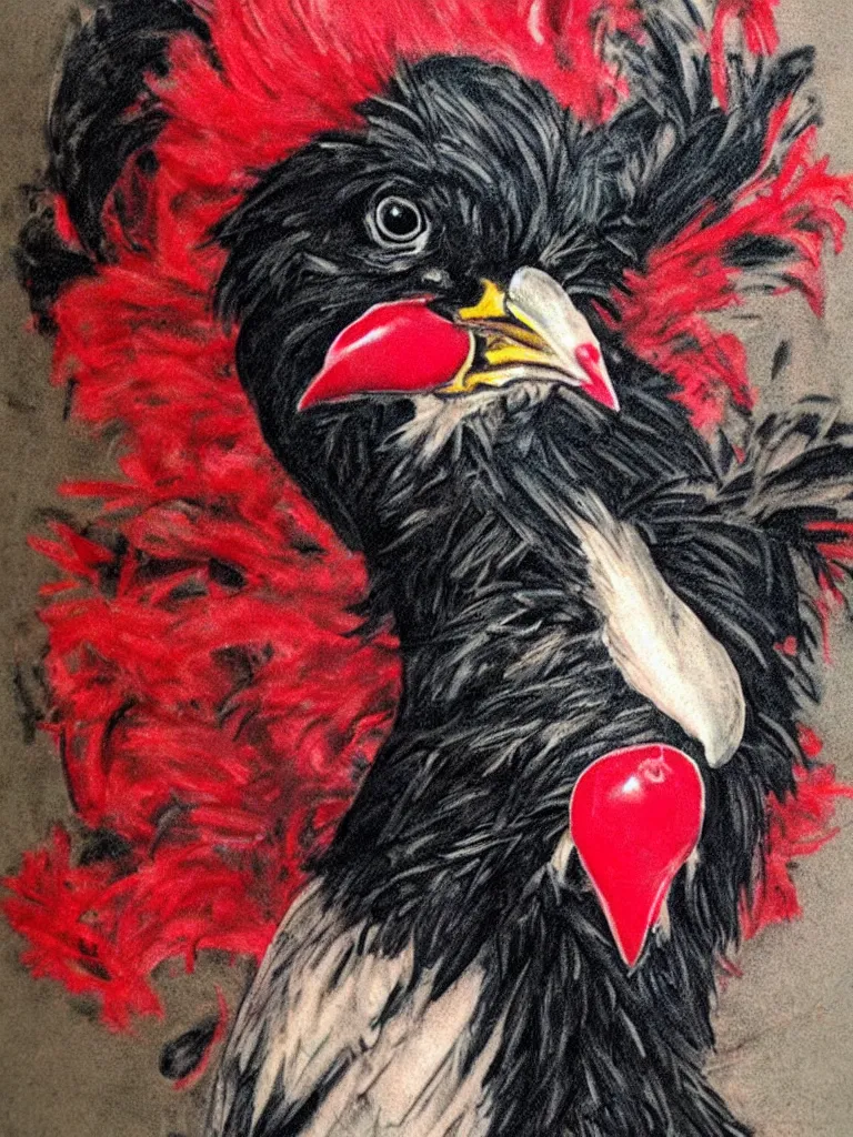 Image similar to close up portrait of a cute Black Chicken with a red comb, smoking, cybercannabis vibes, style of tattoo by Norman Rockwell