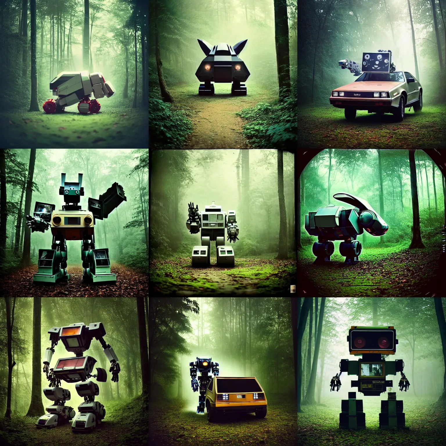 Prompt: low saturation photograph!! giant oversized rabbit robot fusion with robo - mecha - delorean chubby mech transformers, in forest jungle, cinematic focus, polaroid photo, vintage, neutral dull colors, soft lights, foggy, overcast by oleg oprisco, by thomas peschak, by discovery channel, by victor enrich, by gregory crewdson