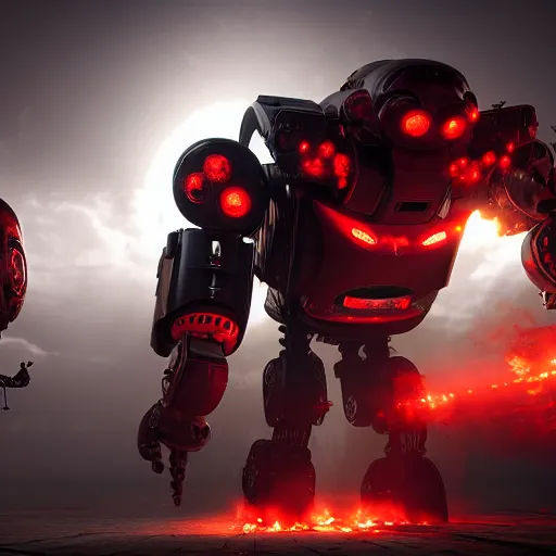 Image similar to apocalyptic, a very strong robot with red enerygies shaking the hand with an mighty alien creature with multiple eyes. smoke. volumetric lighting, sharp focus, ultra detailed, cgsociety - w 1 0 2 4 - n 8 - i