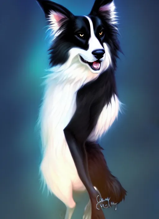 Image similar to wide angle beautiful full body portrait of a cute male anthro border collie fursona posing in front of a park, character design by charlie bowater, henry asencio, and ross tran, furry art, furaffinity, beautiful, glamor pose, detailed, aesthetic, trending on artstation