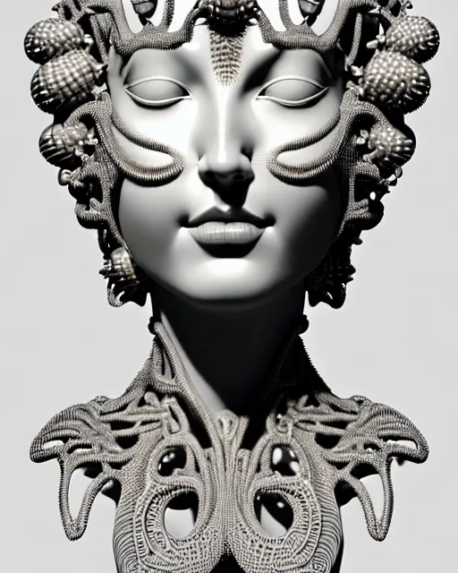 Image similar to bw 3 d render of a beautiful young female queen - cyborg - vegetal, intricate fractal ornament in the bust with a very long neck, elegant, highly detailed intricate rococo ornament in her silver long hair, realistic, refined, highly detailed, cinematic outdoor lighting, by flora borsi in the style of dora maar, volumetric lighting, hyper realistic photography