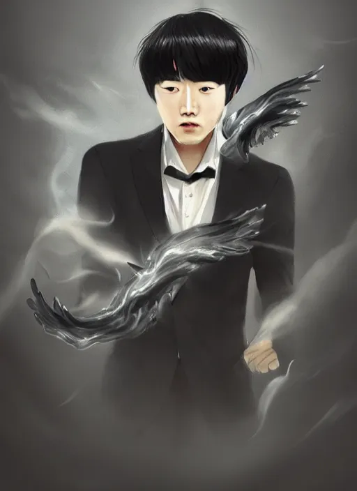 Image similar to a highly detailed illustration of korean man with bowl cut black hair wearing tie with giant black claws, wielding giant black fog claws pose, foggy black mist surrounding background, perfect face, intricate, elegant, highly detailed, centered, digital painting, artstation, concept art, smooth, sharp focus, league of legends concept art, wlop.