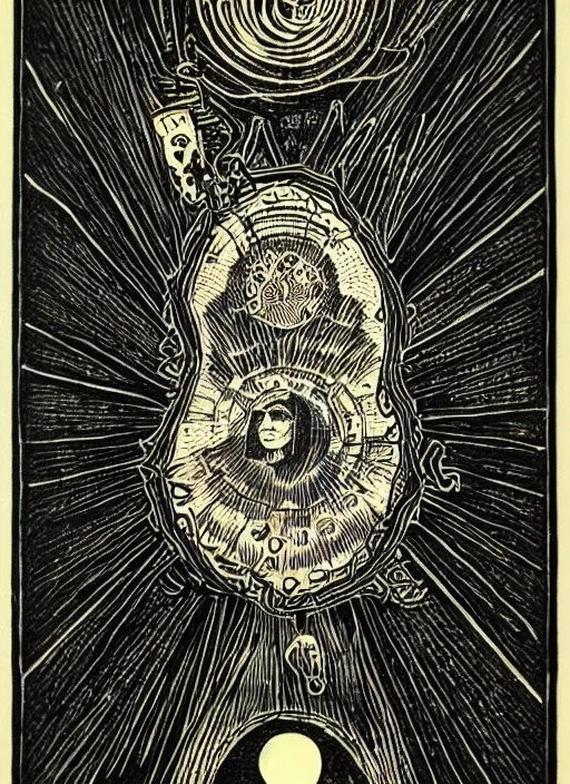 Image similar to fear of technology, black paper, tarot card, highly detailed, dave quiggle, border, intricate ink illustration