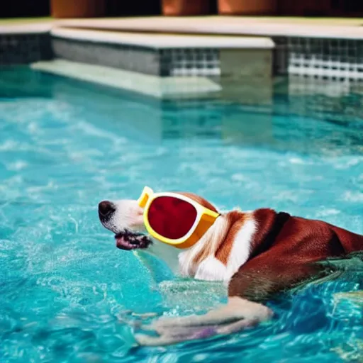 Prompt: photo of dog wearing sunglasses relaxing in a pool floater