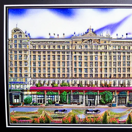 Prompt: Intricate five star Beautiful Hotel in the city by Monica Lee, Colored pencil on paper, high detail, photo realistic, hyperrealism,matte finish, high contrast, 3d depth, sharp focus, masterpiece, vivid colors, artstationhd