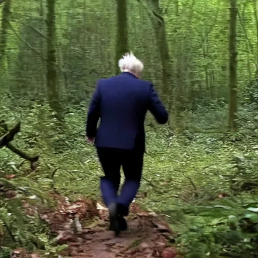 Prompt: boris johnson chasing you in a forest, trailcam footage