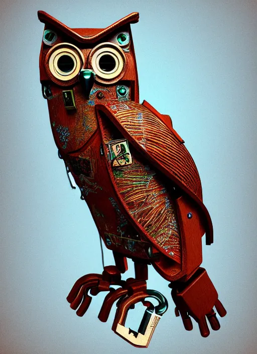 Image similar to colored pencil and pen drawing of an animatronic robot owl, bird made from rusty old keys and padlocks, 4 k photorender realityengine