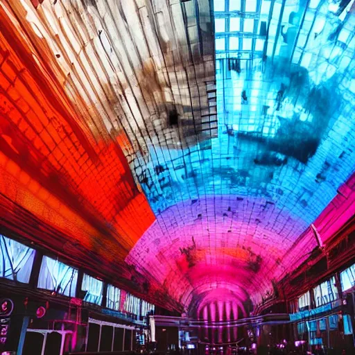 Image similar to high quality professional canon wide - angle lens photo of large scale immersive public art installation inside low light printworks london venue width single suspended big sphere with space liquid generative visuals projected on it and giant led screen on ceiling. rich colors, high contrast, gloomy atmosphere, dark background. trending on artstation.