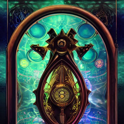 Image similar to Arcane Tarot, Fantasy, 2d Digital Art, steampunk, symmetrical centered, high quality 3D render, concept art, 4K, UHD, High quality mechanical, Badge, glow in the dark, ethereal, the void, ominous background, very detailed, stylized, trending on artstation