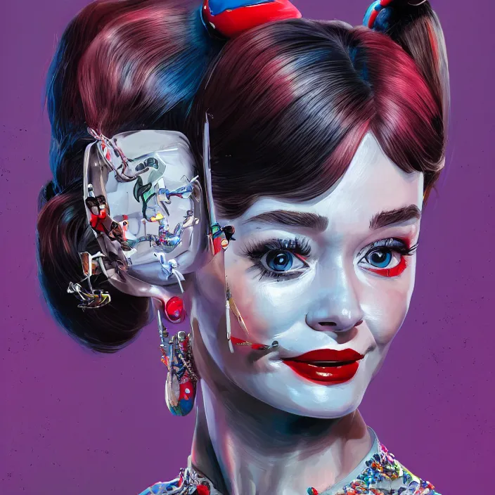 Image similar to portrait of Audrey Hepburn as a harley quinn. intricate abstract. intricate artwork. by Tooth Wu, wlop, beeple, dan mumford. octane render, trending on artstation, greg rutkowski very coherent symmetrical artwork. cinematic, hyper realism, high detail, octane render, 8k, iridescent accents