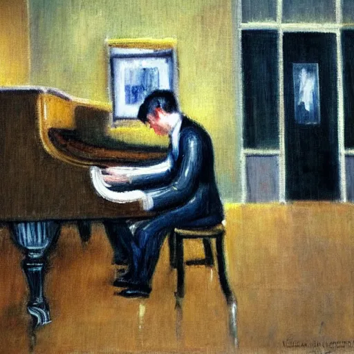 Image similar to A pianist playing piano on a rainy day in a coffee shop. There is a decent amount of people watching and enjoying the music, Impressionism art