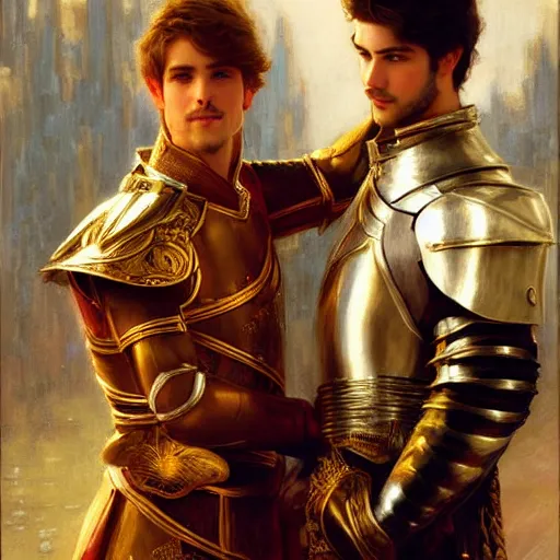 Image similar to attractive male prince fully clothed confesses his love for his attractive male knight fully clothed. highly detailed painting by gaston bussiere, craig mullins, j. c. leyendecker 8 k