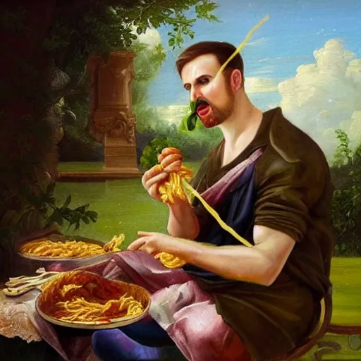 Prompt: a beautiful neo-classical painting of Chris Evans eating Spaghetti in a garden full of flowers, classical painting, 4K, ultra realistic