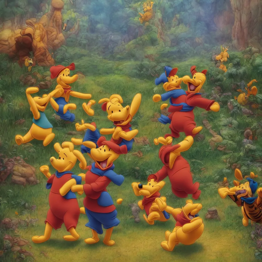 Prompt: epic finale scene of winnie the pooh being subdued by goofy and donald duck, highly detailed, volumetric lighting, epic light, cinematic, ultra detailed, by Leesha Hannigan, Ross Tran, Thierry Doizon, Kai Carpenter, Ignacio Fernández Ríos