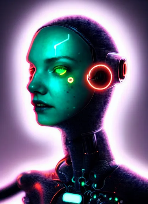 Prompt: sensual caucasian female humanoid with freckles, robotic, android, cyborg, part human part cyborg face, by loish, d & d, fantasy, cyber neon lighting, futurism, intricate futuristic jewelry accessories, cyberpunk high fashion, profile posing, hyper photorealistic, digital photography, artstation, pinterest, concept art, art by pascal blanche and greg rutkowski,