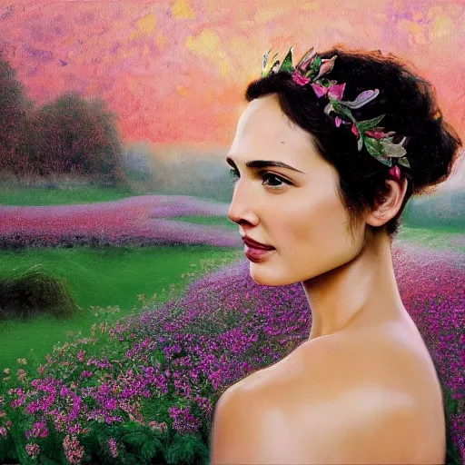 Image similar to fine art oil painting of the beauty gal gadot, she is posing while maintain a sweet eye contact to the camera, she has a crown of flowers, the photo was taken at sunrise with a bokeh effect, by steve mccurry, photorealistic, matte painting, hyper realistic, 4 k, 8 k, cinematic composition, hd, highly detailed, trending on artstation