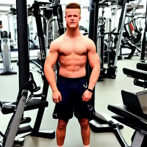 Image similar to “ a realistic detailed photo of a guy who is an attractive humanoid who is half robot and half humanoid, who is a male android, football player christian mccaffrey, shiny skin, posing like a statue, blank stare, at the gym, on display ”