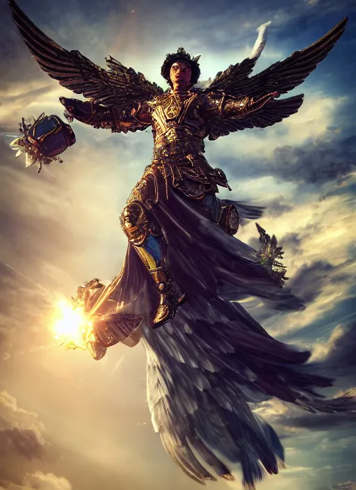 Image similar to archangel micheal flying in sky by huang guangjian, taekwon kim rostbite 3 engine, cryengine, dof, trending on artstation, digital art, chanel, dior, fantasy and detailed and intricate background